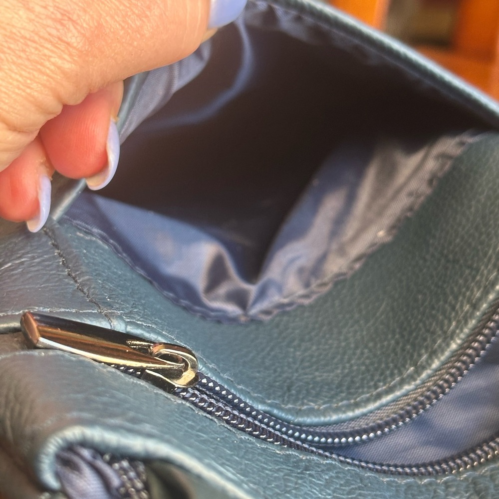 Genuine Leather Navy Crossbody Bag Multi Zip Organizer Travel Purse Small - Picture 10 of 13
